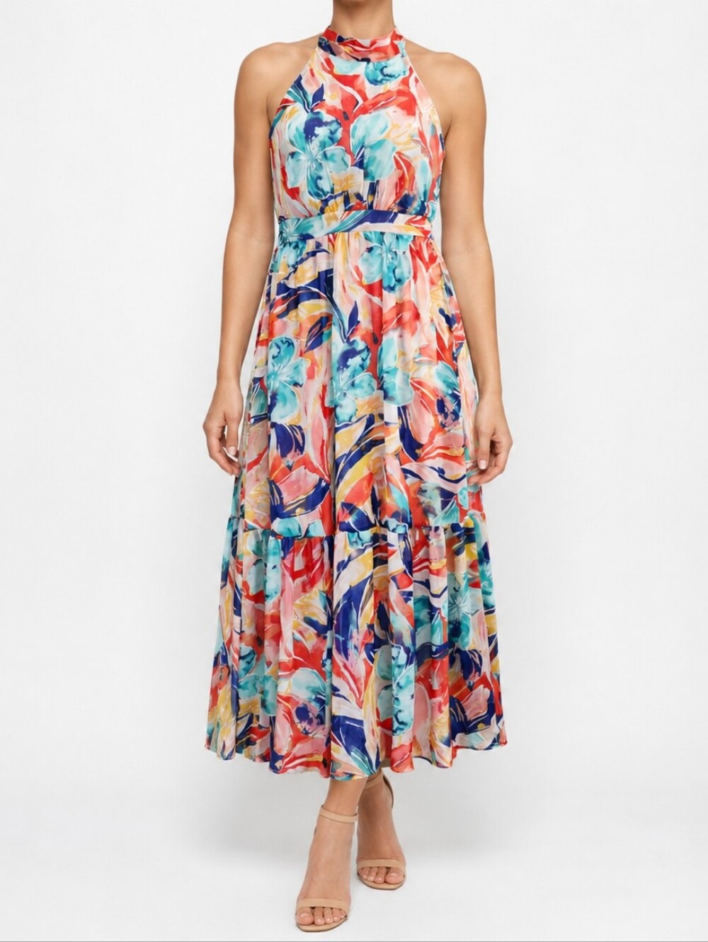 TAHARI ASL Size 10 Floral Chiffon Halter Neck Tie Back Tiered Maxi Sun Dress